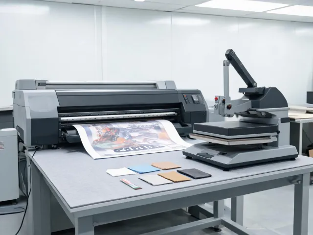 Sublimation transfer workflow beside a heat press